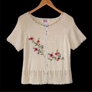 Vintage R&K Originals Knit Cardigan Grandma Sweater Size 8 Embroidered Floral